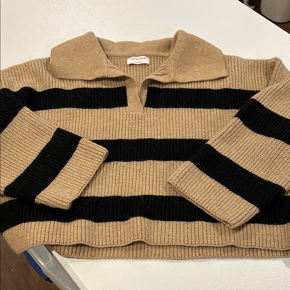 Tan and Black Collared Cropped Sweater